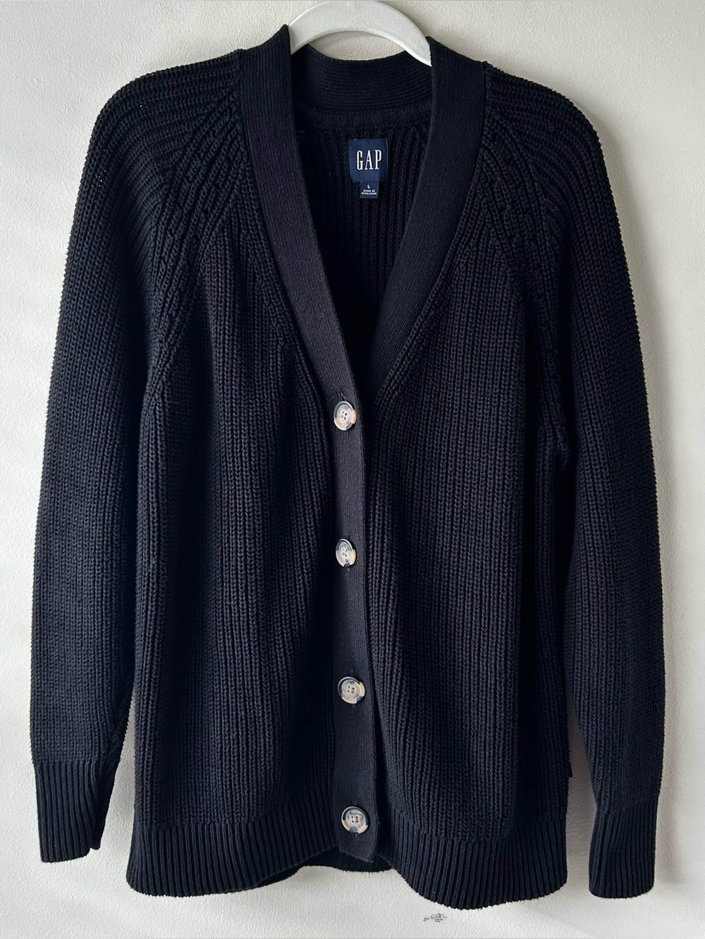Heritage Minimalist GAP 100% Cotton V-Neck Knit Cardigan Sweater Black L